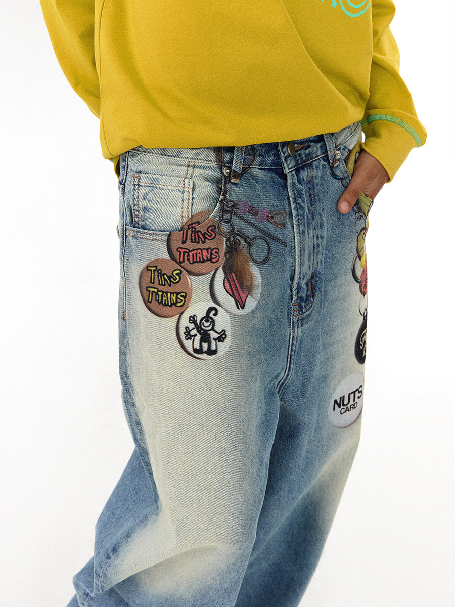 Floating Badge Print Denim with Vintage Wash Style Pants [ID:0192PA]