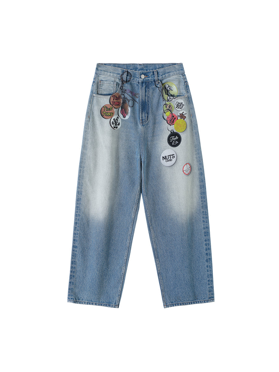 Floating Badge Print Denim with Vintage Wash Style Pants [ID:0192PA]