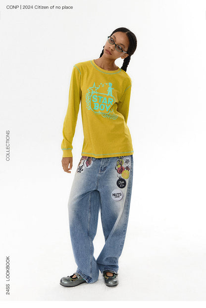 Floating Badge Print Denim with Vintage Wash Style Pants [ID:0192PA]