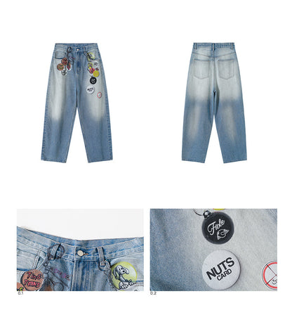 Floating Badge Print Denim with Vintage Wash Style Pants [ID:0192PA]