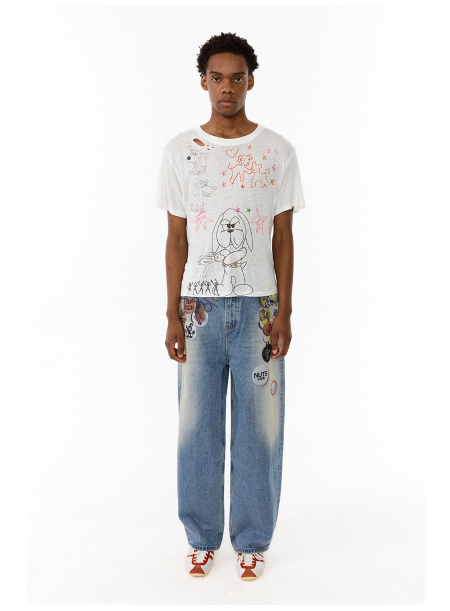 Floating Badge Print Denim with Vintage Wash Style Pants [ID:0192PA]