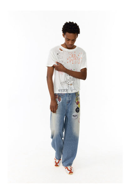 Floating Badge Print Denim with Vintage Wash Style Pants [ID:0192PA]