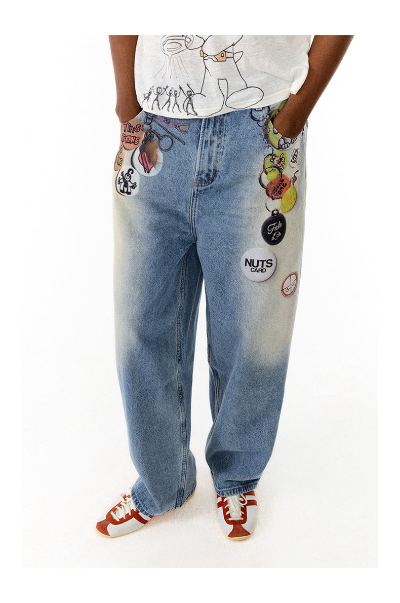 Floating Badge Print Denim with Vintage Wash Style Pants [ID:0192PA]