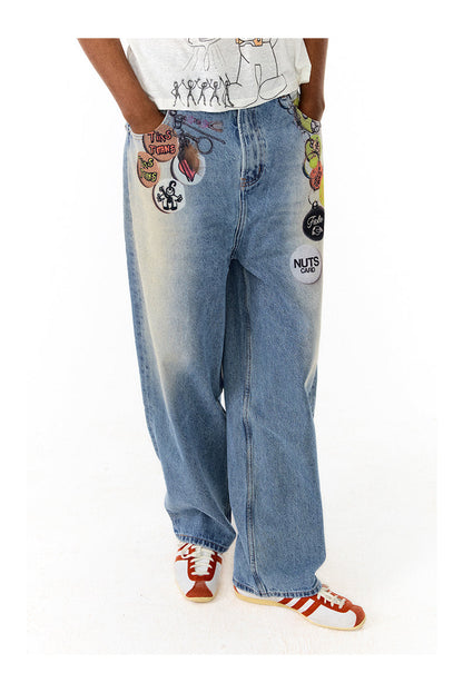 Floating Badge Print Denim with Vintage Wash Style Pants [ID:0192PA]