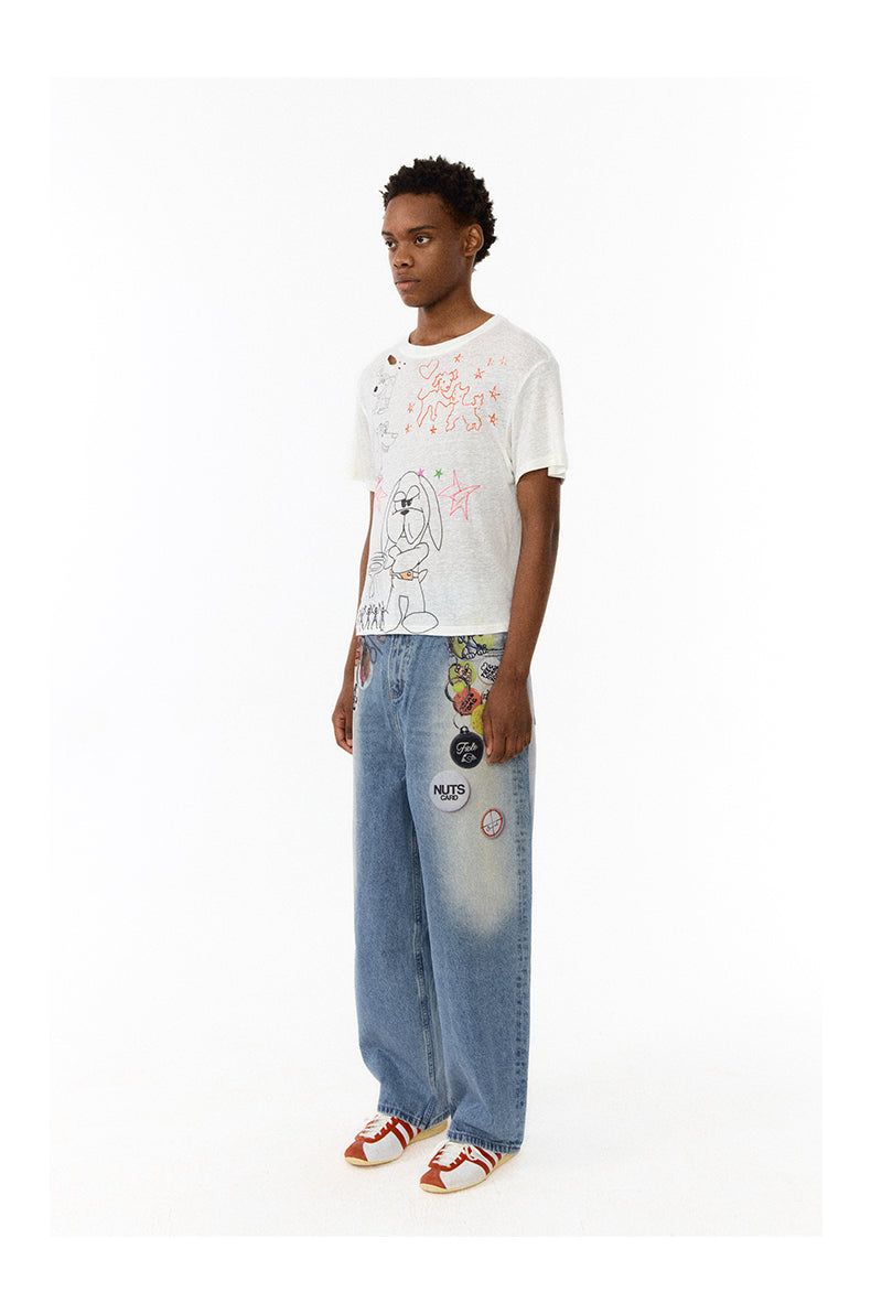 Floating Badge Print Denim with Vintage Wash Style Pants [ID:0192PA]