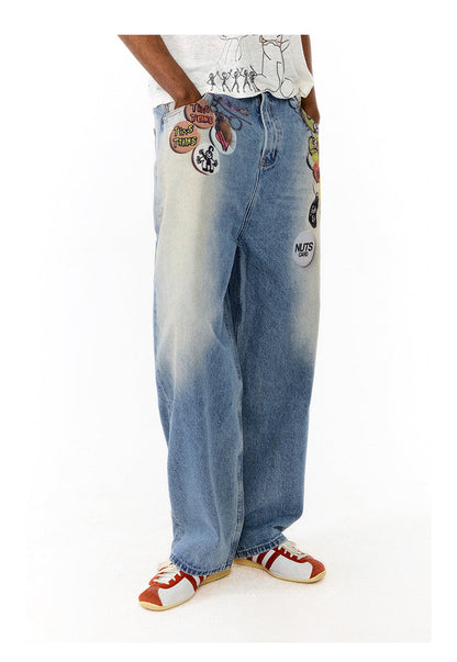 Floating Badge Print Denim with Vintage Wash Style Pants [ID:0192PA]