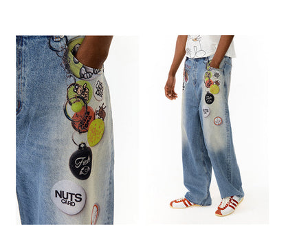 Floating Badge Print Denim with Vintage Wash Style Pants [ID:0192PA]