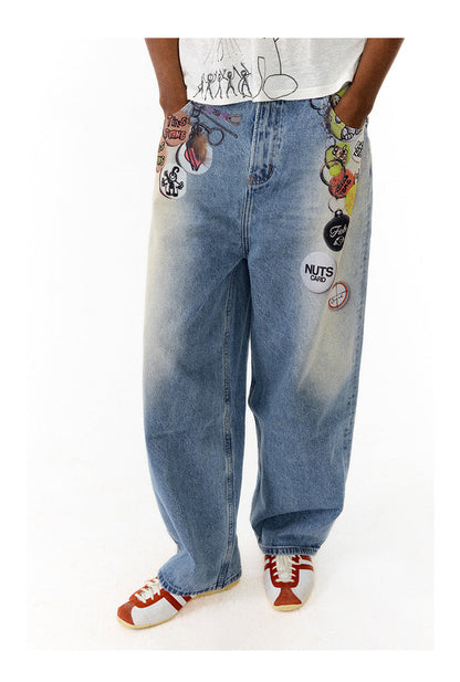 Floating Badge Print Denim with Vintage Wash Style Pants [ID:0192PA]