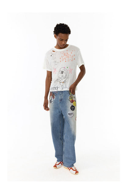 Floating Badge Print Denim with Vintage Wash Style Pants [ID:0192PA]