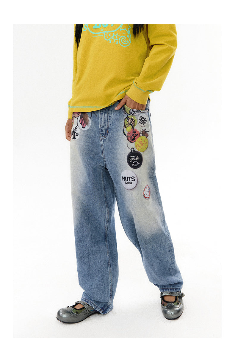 Floating Badge Print Denim with Vintage Wash Style Pants [ID:0192PA]