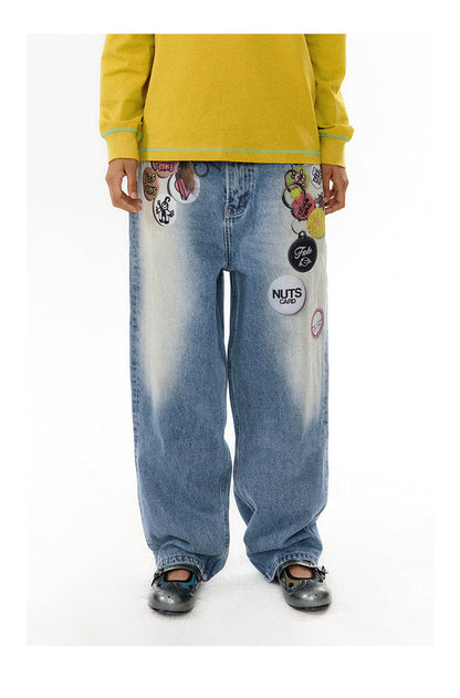 Floating Badge Print Denim with Vintage Wash Style Pants [ID:0192PA]