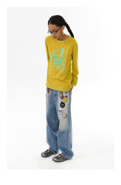 Floating Badge Print Denim with Vintage Wash Style Pants [ID:0192PA]