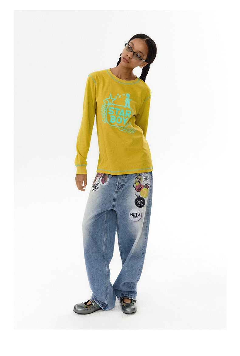 Floating Badge Print Denim with Vintage Wash Style Pants [ID:0192PA]