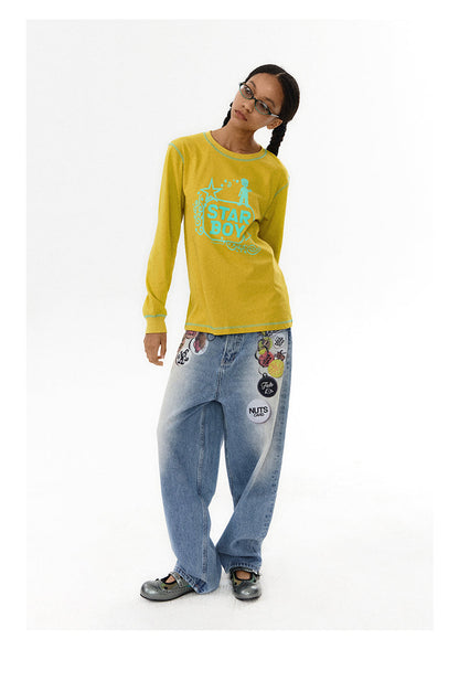 Floating Badge Print Denim with Vintage Wash Style Pants [ID:0192PA]