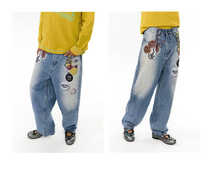 Floating Badge Print Denim with Vintage Wash Style Pants [ID:0192PA]