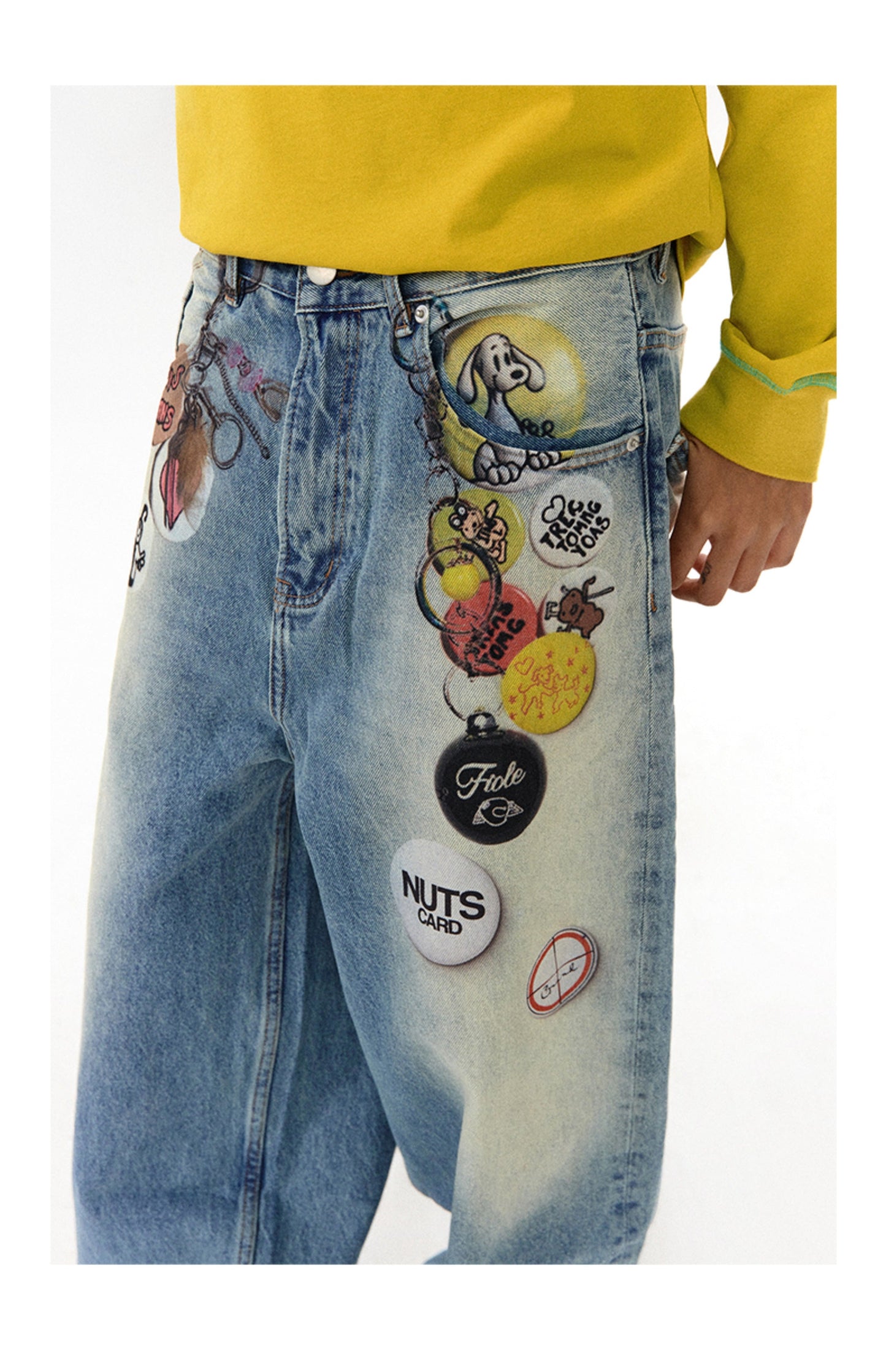 Floating Badge Print Denim with Vintage Wash Style Pants [ID:0192PA]