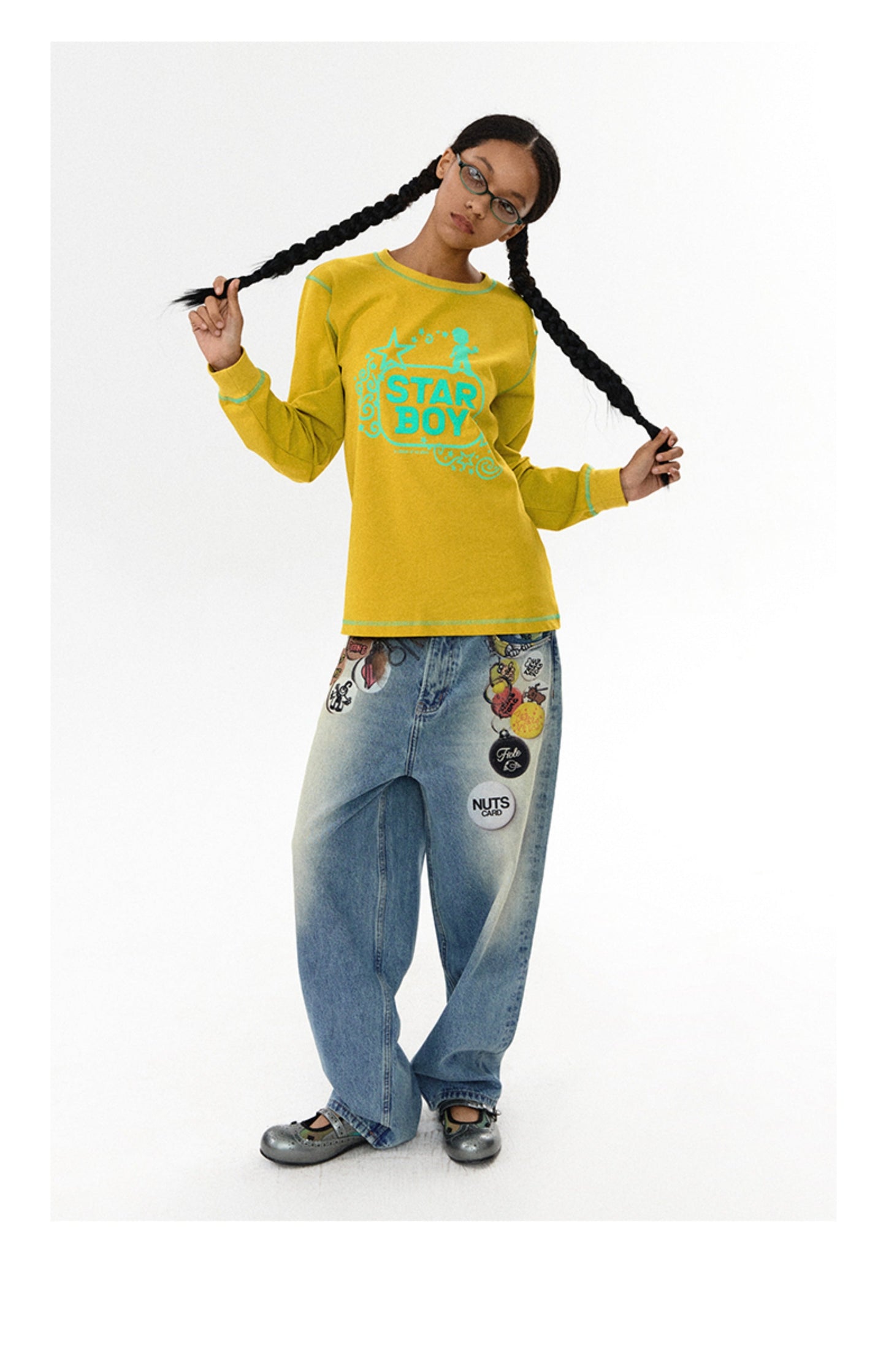 Floating Badge Print Denim with Vintage Wash Style Pants [ID:0192PA]