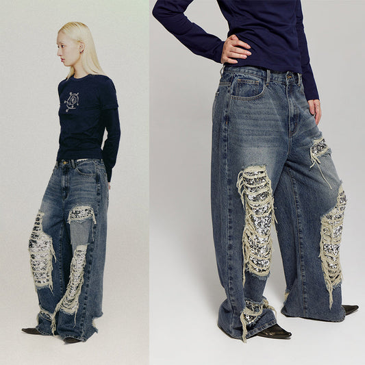 Ripped Detail Jeans Original Wash Oversized Sequin Denim Pants [ID:0194PA]