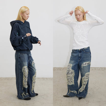 Ripped Detail Jeans Original Wash Oversized Sequin Denim Pants [ID:0194PA]