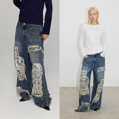 Ripped Detail Jeans Original Wash Oversized Sequin Denim Pants [ID:0194PA]