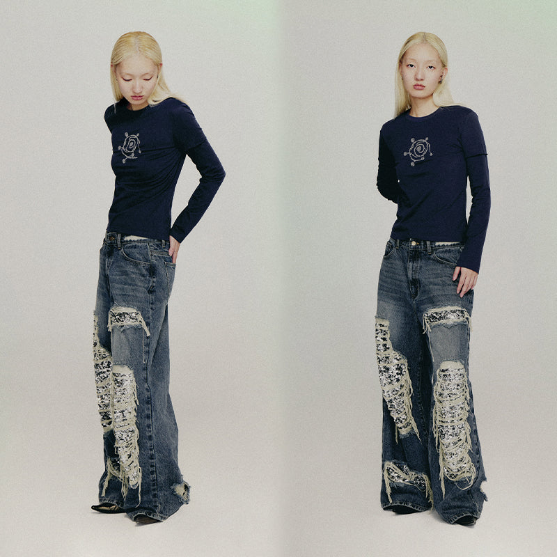 Ripped Detail Jeans Original Wash Oversized Sequin Denim Pants [ID:0194PA]