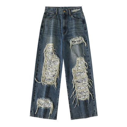 Ripped Detail Jeans Original Wash Oversized Sequin Denim Pants [ID:0194PA]