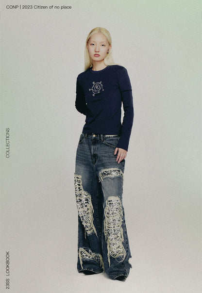 Ripped Detail Jeans Original Wash Oversized Sequin Denim Pants [ID:0194PA]