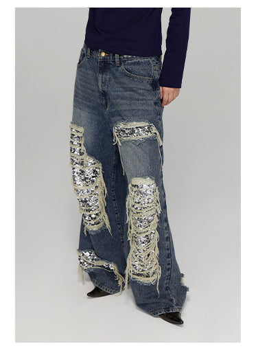 Ripped Detail Jeans Original Wash Oversized Sequin Denim Pants [ID:0194PA]