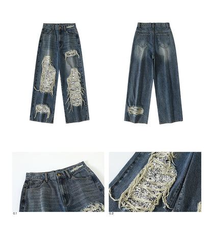 Ripped Detail Jeans Original Wash Oversized Sequin Denim Pants [ID:0194PA]