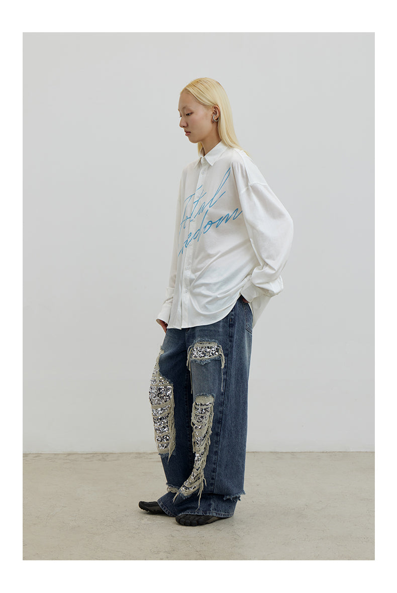 Ripped Detail Jeans Original Wash Oversized Sequin Denim Pants [ID:0194PA]