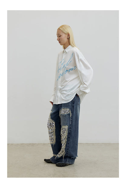 Ripped Detail Jeans Original Wash Oversized Sequin Denim Pants [ID:0194PA]