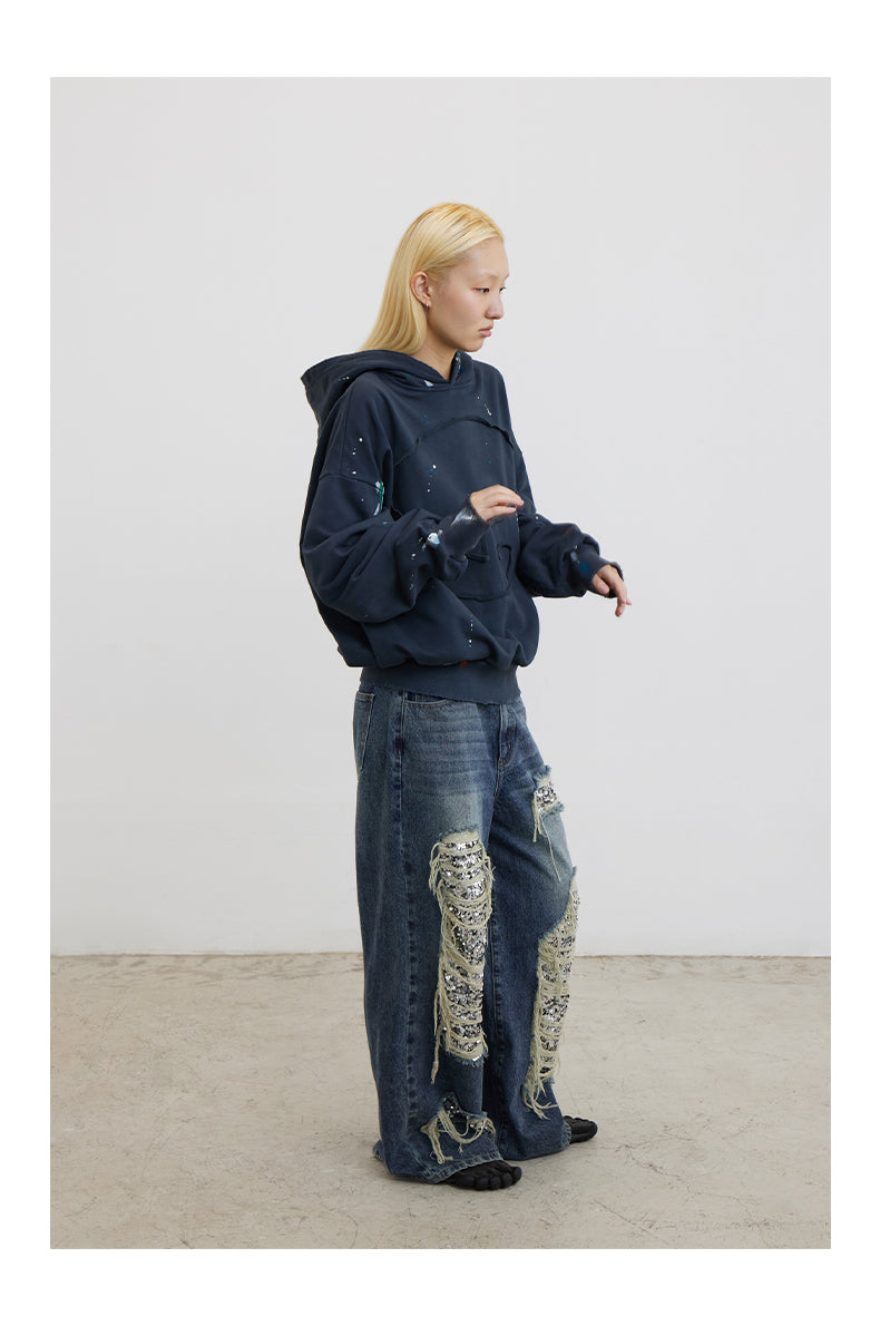 Ripped Detail Jeans Original Wash Oversized Sequin Denim Pants [ID:0194PA]