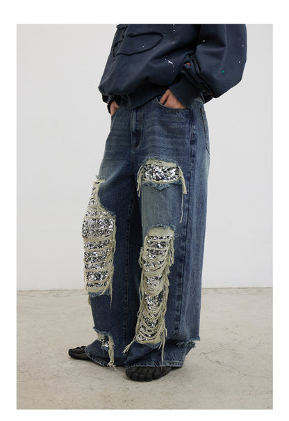 Ripped Detail Jeans Original Wash Oversized Sequin Denim Pants [ID:0194PA]