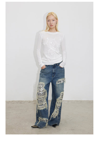 Ripped Detail Jeans Original Wash Oversized Sequin Denim Pants [ID:0194PA]