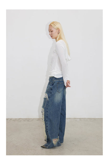 Ripped Detail Jeans Original Wash Oversized Sequin Denim Pants [ID:0194PA]