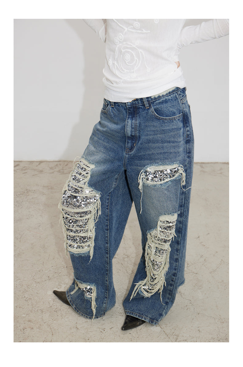 Ripped Detail Jeans Original Wash Oversized Sequin Denim Pants [ID:0194PA]