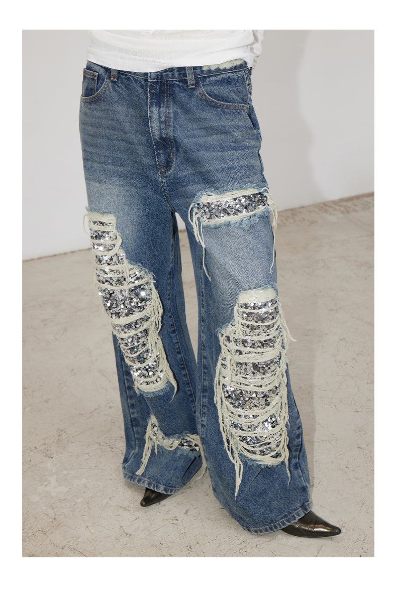 Ripped Detail Jeans Original Wash Oversized Sequin Denim Pants [ID:0194PA]