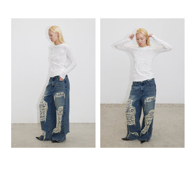 Ripped Detail Jeans Original Wash Oversized Sequin Denim Pants [ID:0194PA]