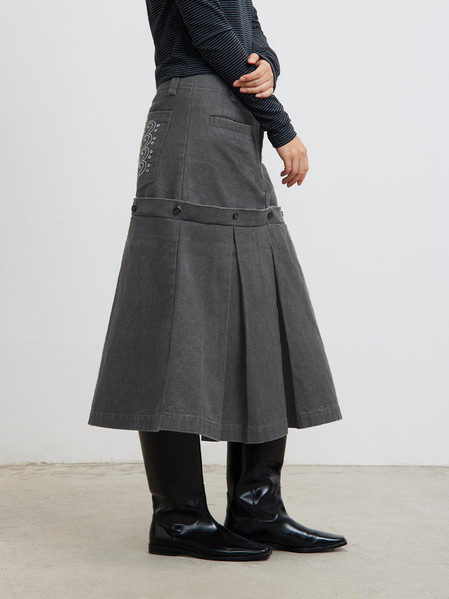 Pleats Skirts Faux Double-Layered Reversible Pleated Skirt [ID:0195SK]