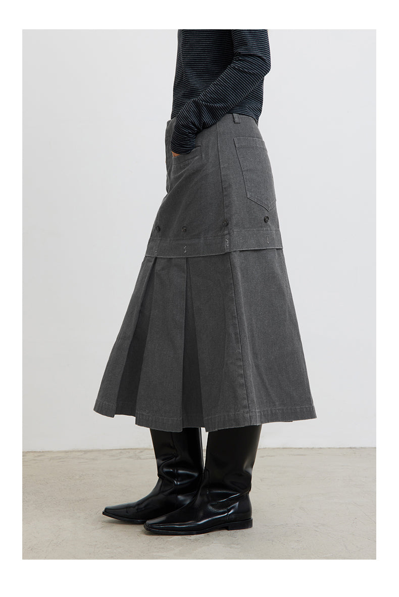 Pleats Skirts Faux Double-Layered Reversible Pleated Skirt [ID:0195SK]