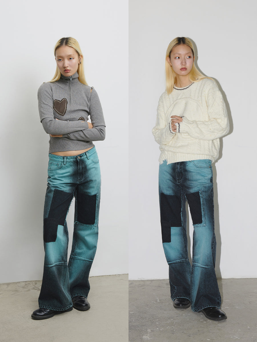 Low-Rise Bootcut Jeans Color Block Micro Flare Low Waist Denim Pants [ID:0197PA]