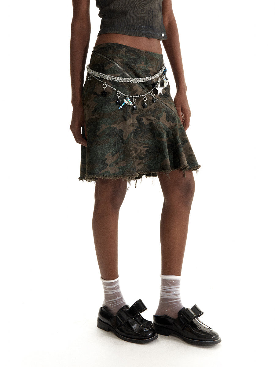 Vertical Cut Camouflage Skirt Asymmetrical Design [ID:0199SK]