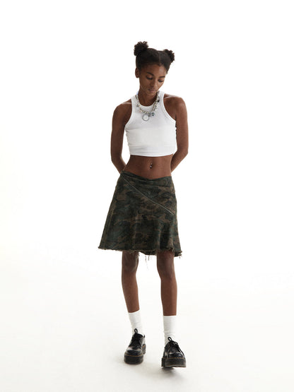 Vertical Cut Camouflage Skirt Asymmetrical Design [ID:0199SK]