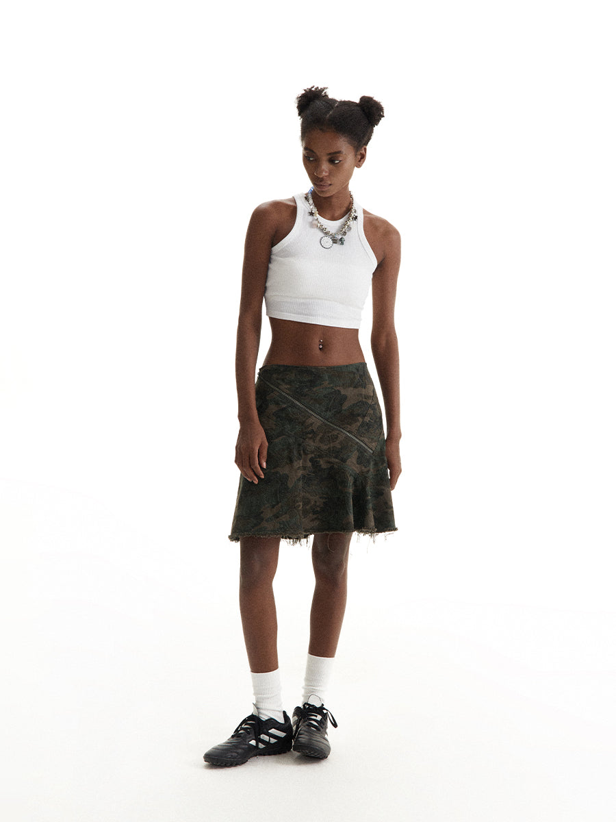 Vertical Cut Camouflage Skirt Asymmetrical Design [ID:0199SK]