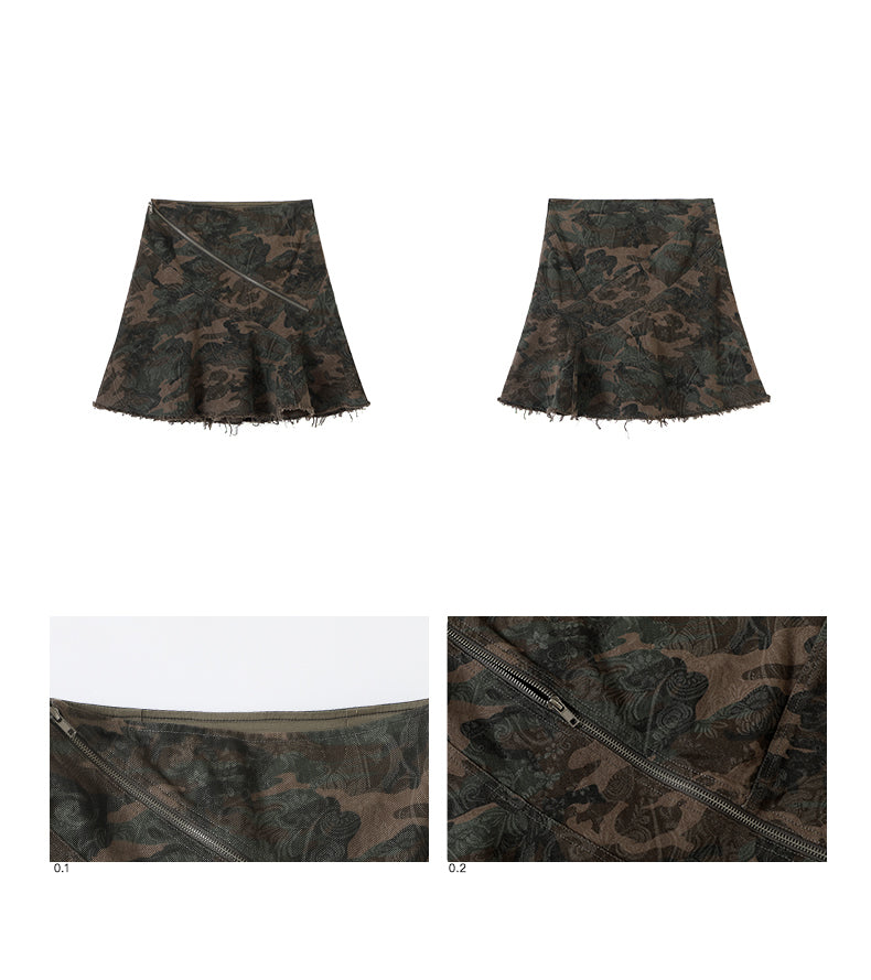 Vertical Cut Camouflage Skirt Asymmetrical Design [ID:0199SK]