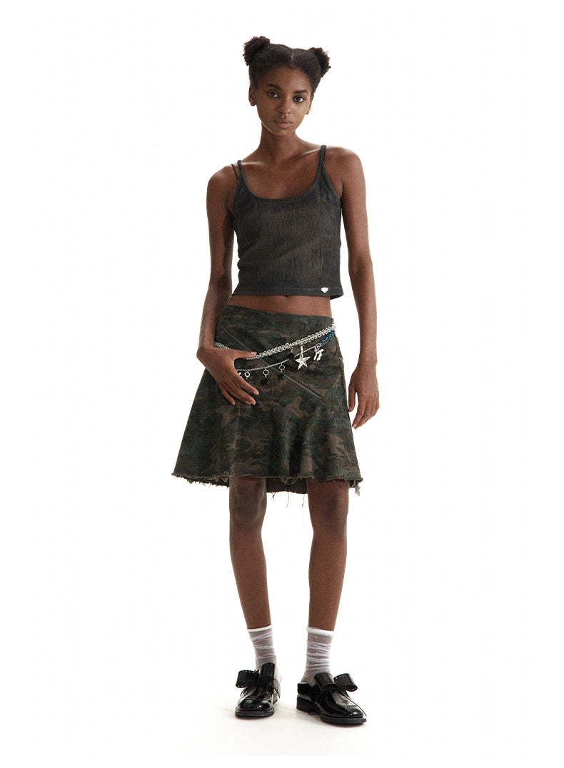 Vertical Cut Camouflage Skirt Asymmetrical Design [ID:0199SK]