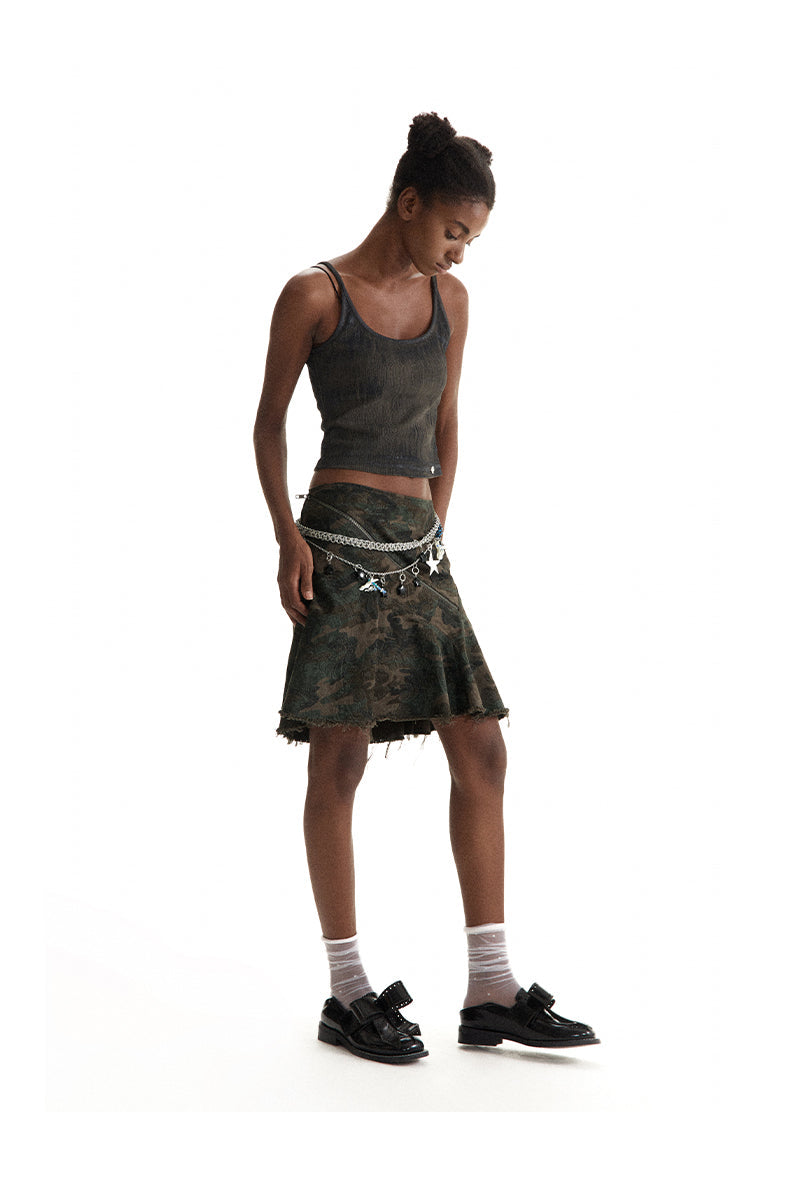 Vertical Cut Camouflage Skirt Asymmetrical Design [ID:0199SK]