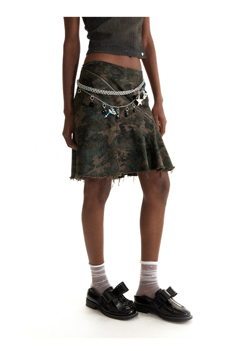 Vertical Cut Camouflage Skirt Asymmetrical Design [ID:0199SK]