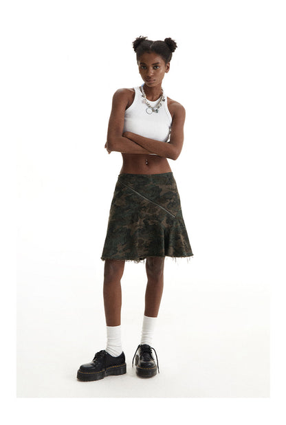 Vertical Cut Camouflage Skirt Asymmetrical Design [ID:0199SK]