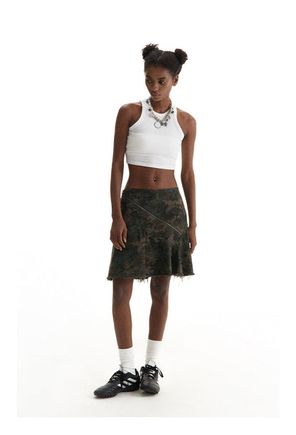 Vertical Cut Camouflage Skirt Asymmetrical Design [ID:0199SK]